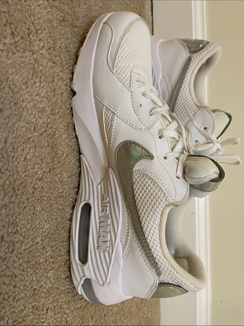 Nike Women's White Sneakers with Iridescent Silver iridescent swoosh 9 1/2